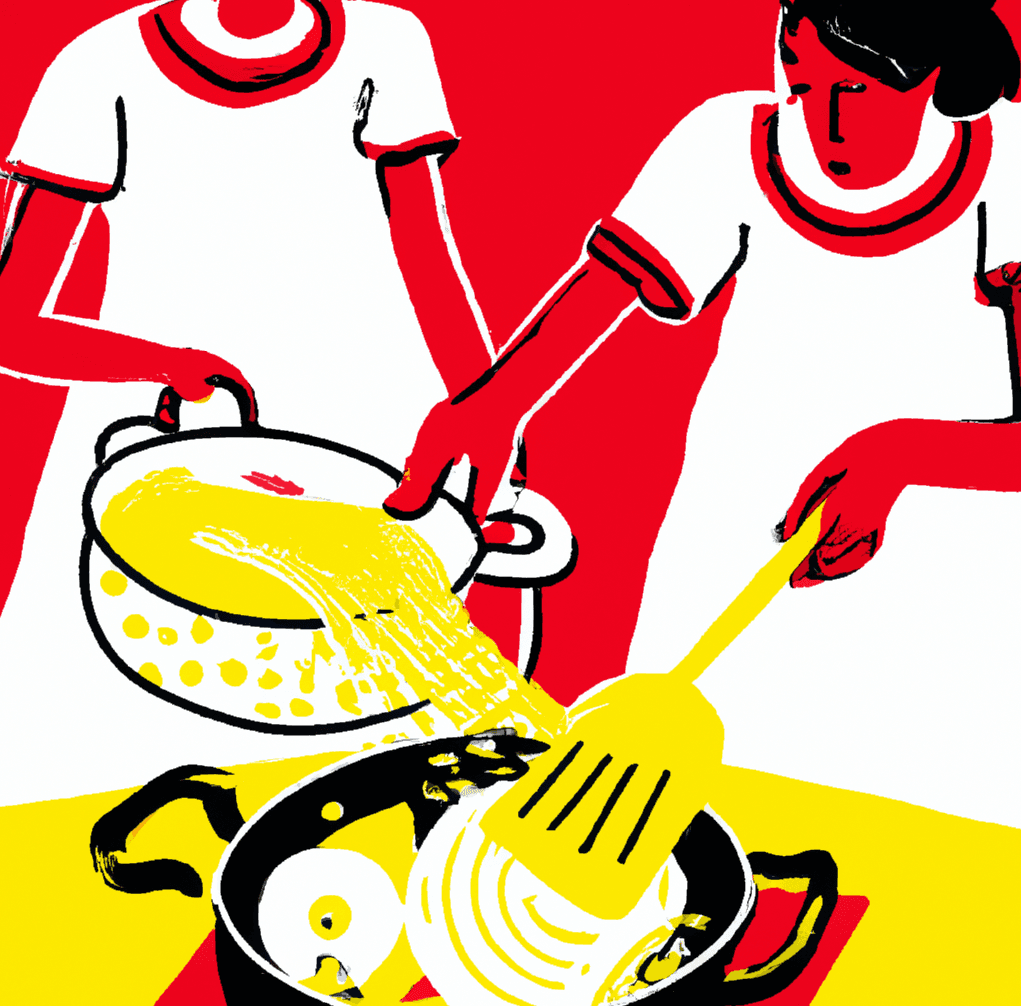 Two people cooking pasta together